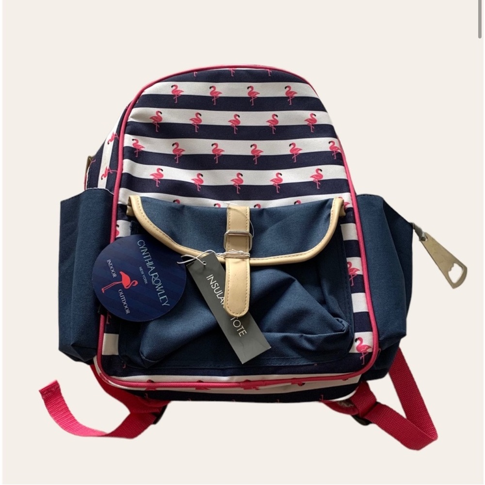 Cynthia Rowley Flamingo Backpack Insulated Tote Navy Blue Pink White Striped 🦩